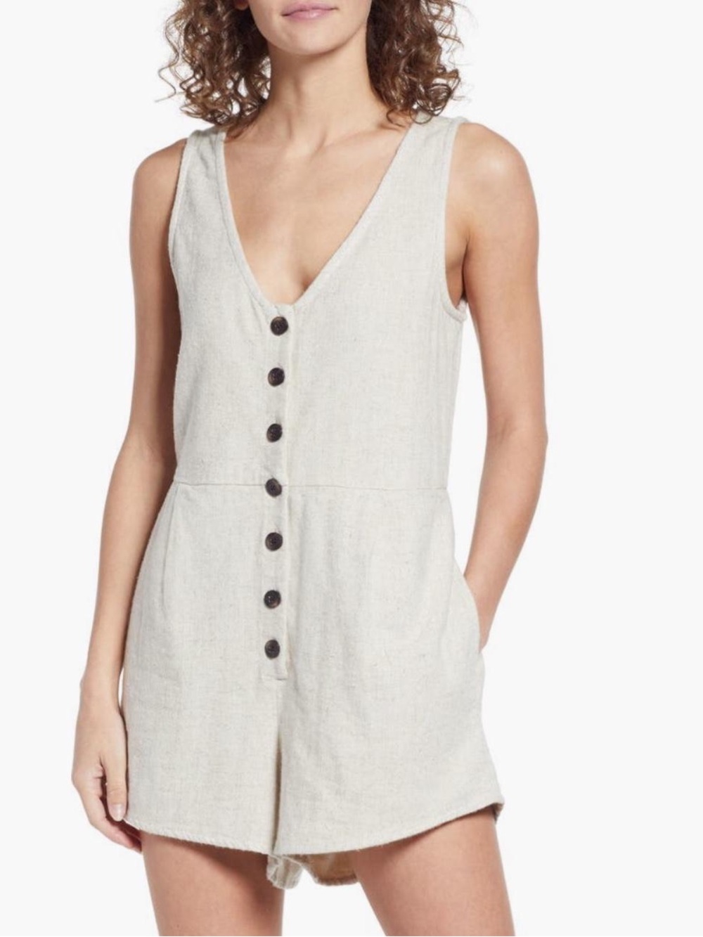Madewell Sleeveless Button-Front Linen Blended Romper in Natural size 00